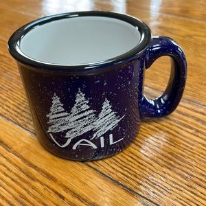 Vail, Colorado souvenir campfire mug.  Blue w/white specks, trees, logo.